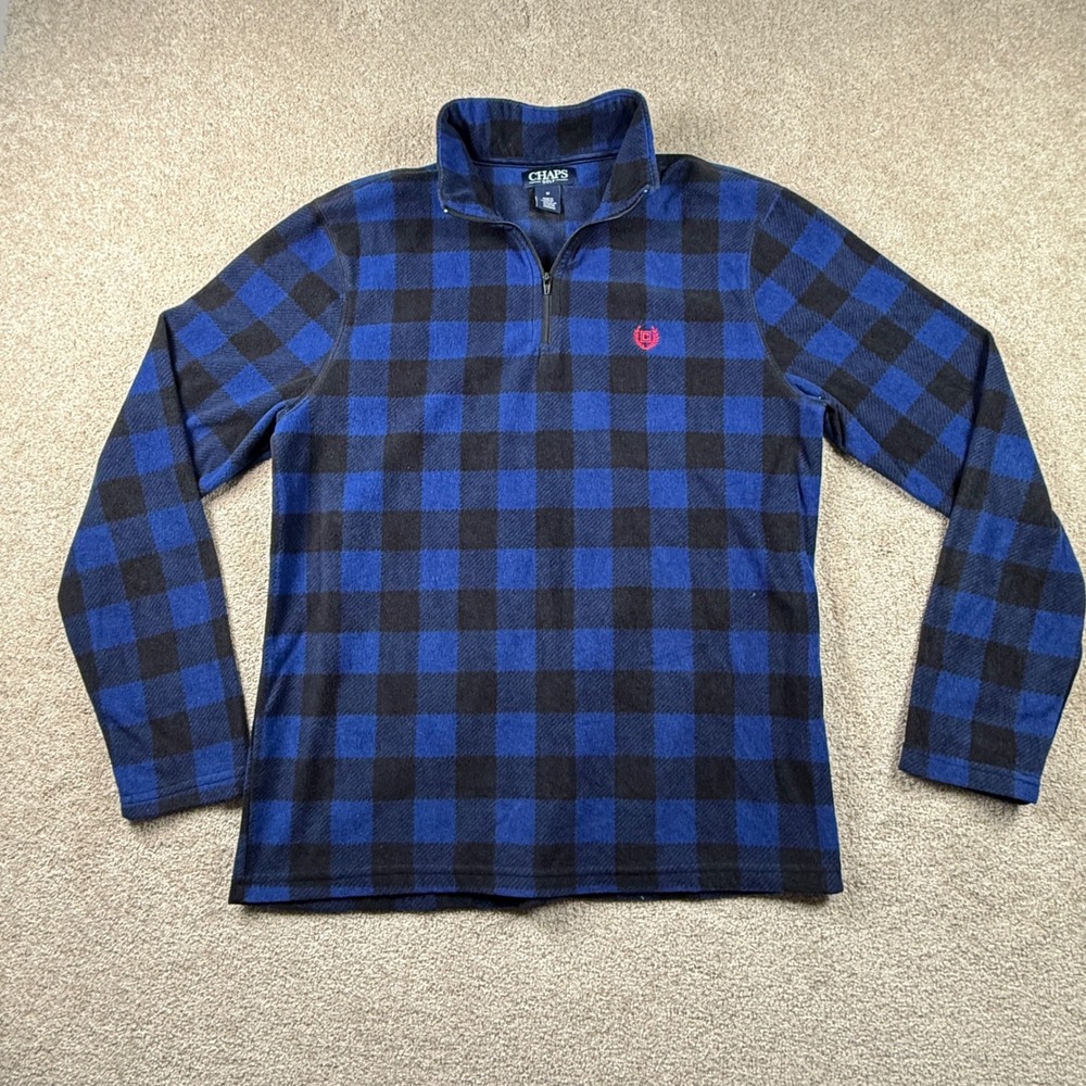 Chaps Golf Mens Blue Black Buffalo Plaid Fleece Quarter Zip Pullover M